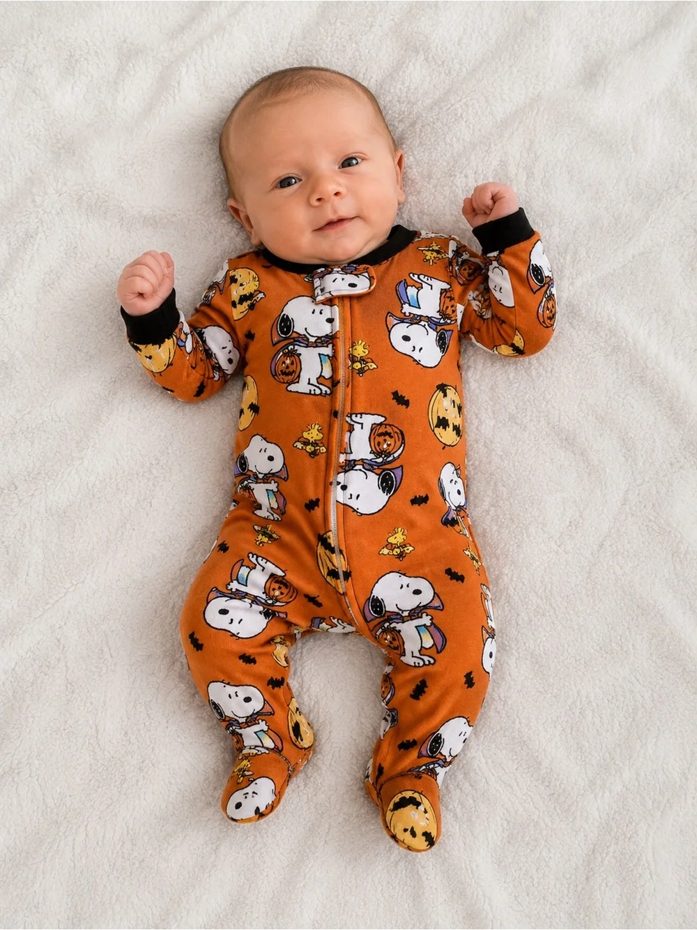 NEWBORN Peanuts Orange and Black Snoopy Halloween Footed One-Piece